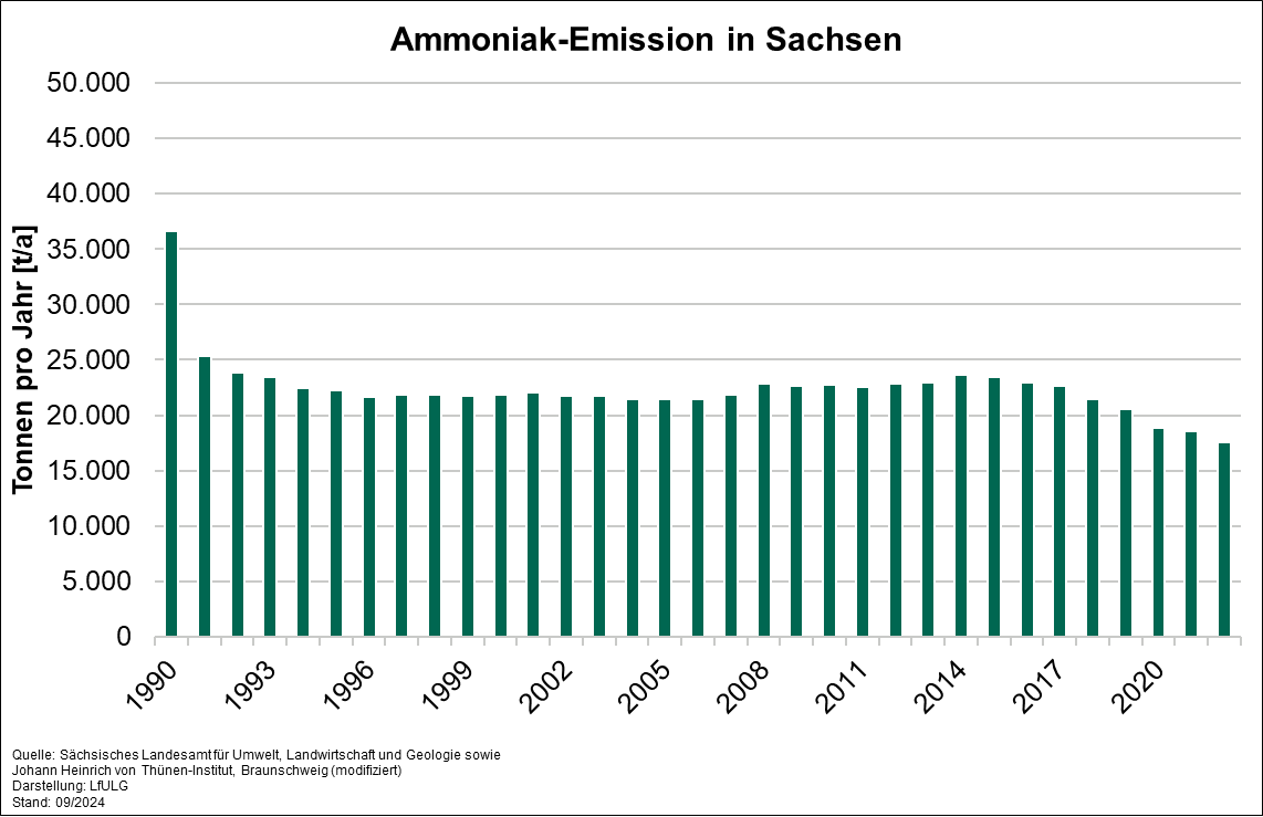 Ein Säulendiagramm zeigt, wie viele Tonnen Ammoniak pro Jahr in Sachsen emittiert werden. Von 1990 bis 1994 gab es einen starken Rückgang, danach relativ konstante Werte zwischen 21000 und 24000 Tonnen pro Jahr; zuletzt einen weiteren Rückgang.