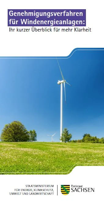 Flyer mit Windenergieanlage Flyer: Windenergieanlage auf Wiese mit Büschen, dahinter blauer Himmel