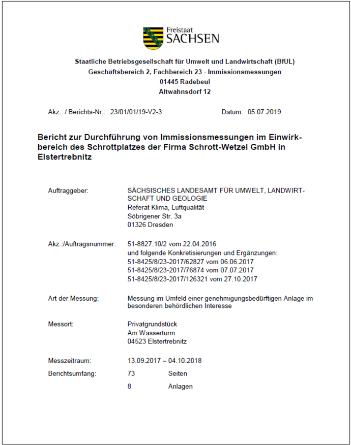 Abgebildet ist das Titelblatt des Immissions-Messberichtes der Staatlichen Betriebsgesellschaft für Umwelt und Landwirtschaft