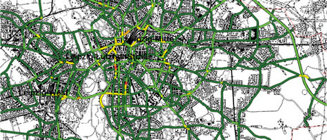 Ausschnitt einer Karte aus dem Luftreinhalteplan Leipzig mit Straßenabschnitten, für die die NOx-Zusatzbelastung durch den Straßenverkehr farbig differenziert dargestellt ist 