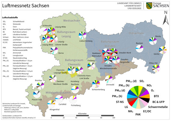 Kartendarstellung der Standorte des sächsischen Luftmessnetzes