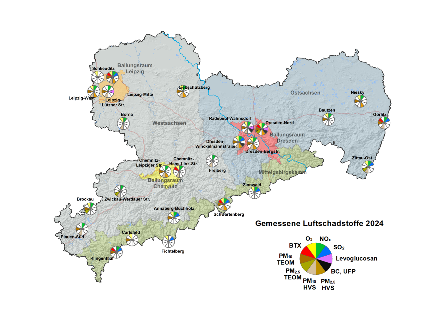 Sachsenkarte mit Luftmessnetzstationen