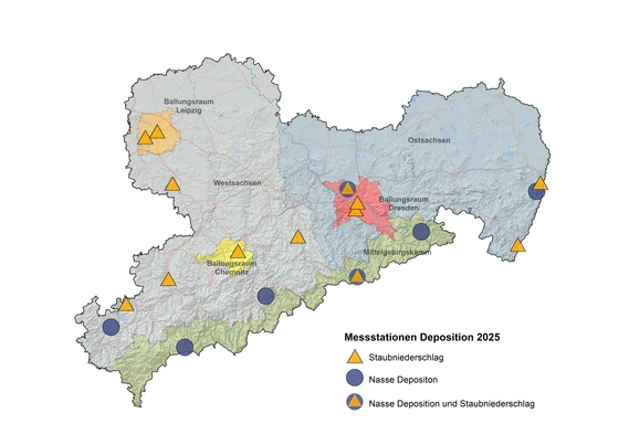 Die Karte zeigt die räumliche Verteilung der Probenahmestellen für die nasse Deposition und den Staubniederschlag im Jahr 2025.