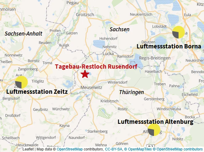 Karte der Lage des Tagebau-Restloches Rusendorf und der nächstgelegenen Luftmessstationen